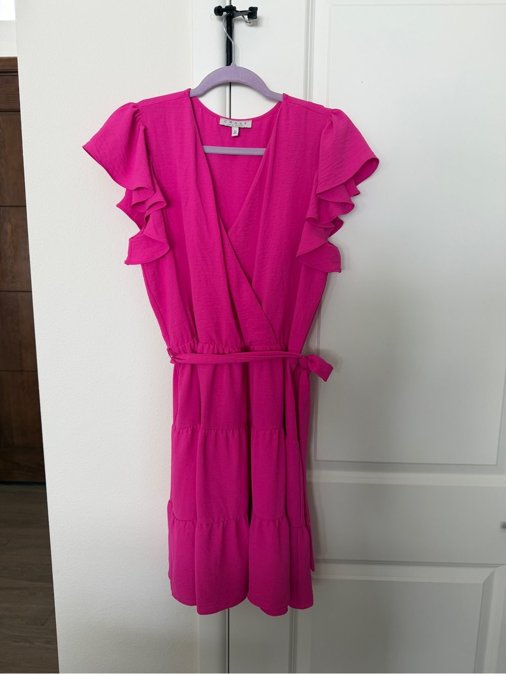 Chaus Hot Pink Ruffle Sleeve Midi Dress